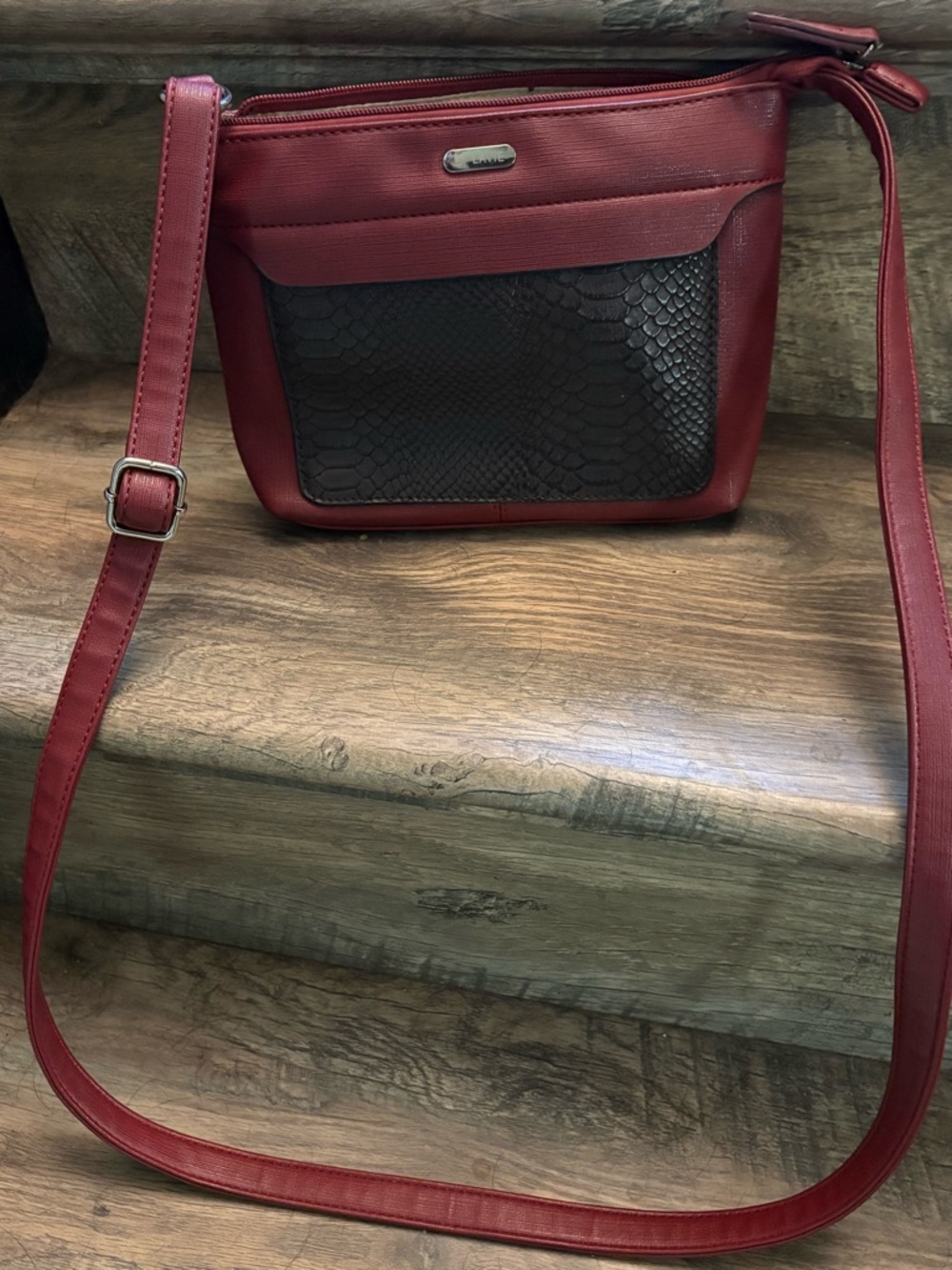 Red Crossbody Bag with Black Snakeskin Accent